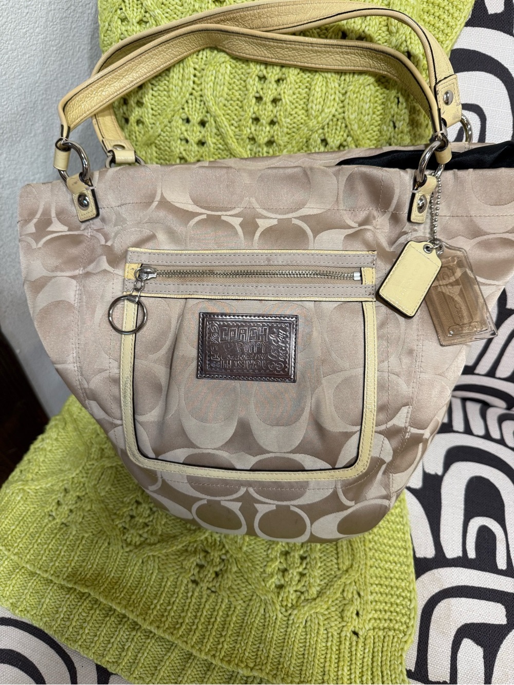 Coach Bella Signature Sateen Poppy Tote Shoulder Bag with Pale Yellow Trim